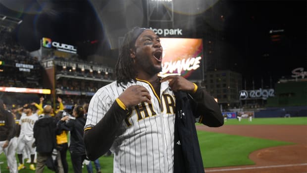 Josh Bell celebrates the San Diego Padres’ win.